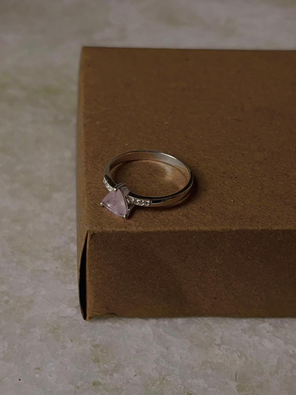 Rose Quartz Triangle & Cz Stone 925 Sterling Silver Ring