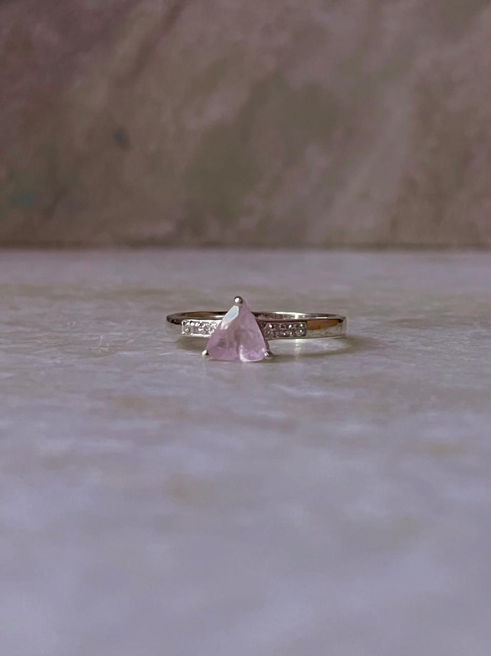 Rose Quartz Triangle & Cz Stone 925 Sterling Silver Ring