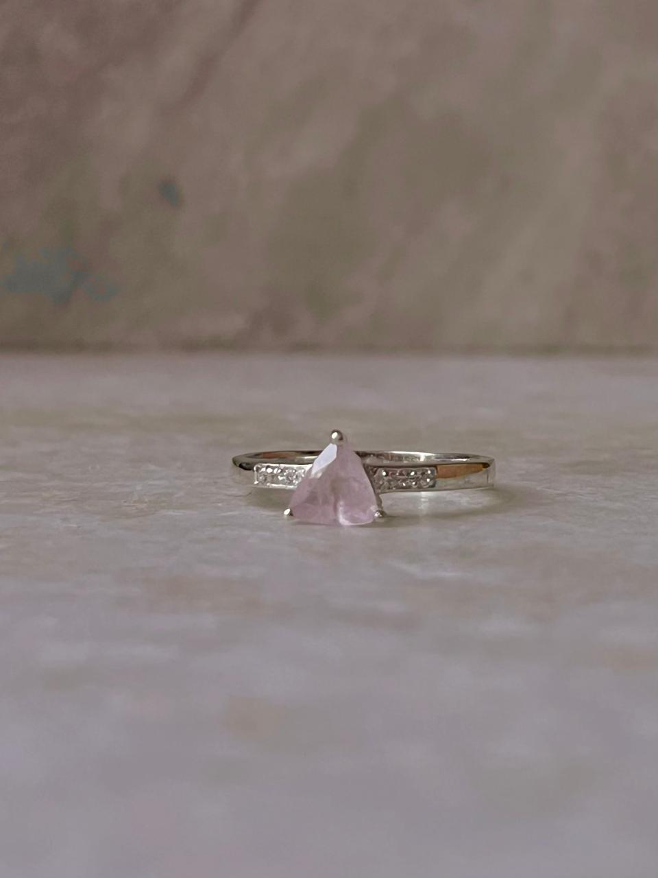 Rose Quartz Triangle & Cz Stone 925 Sterling Silver Ring