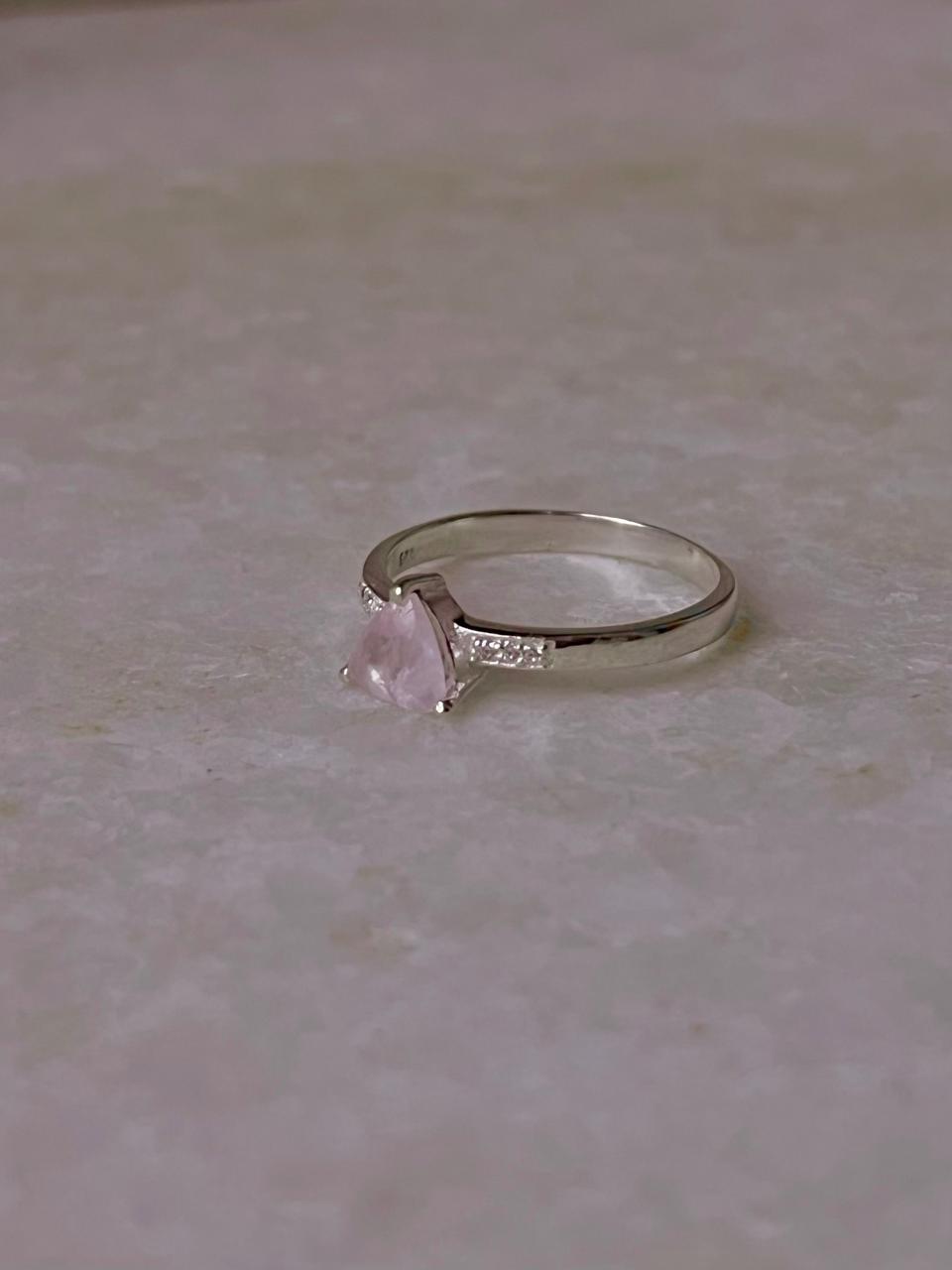 Rose Quartz Triangle & Cz Stone 925 Sterling Silver Ring
