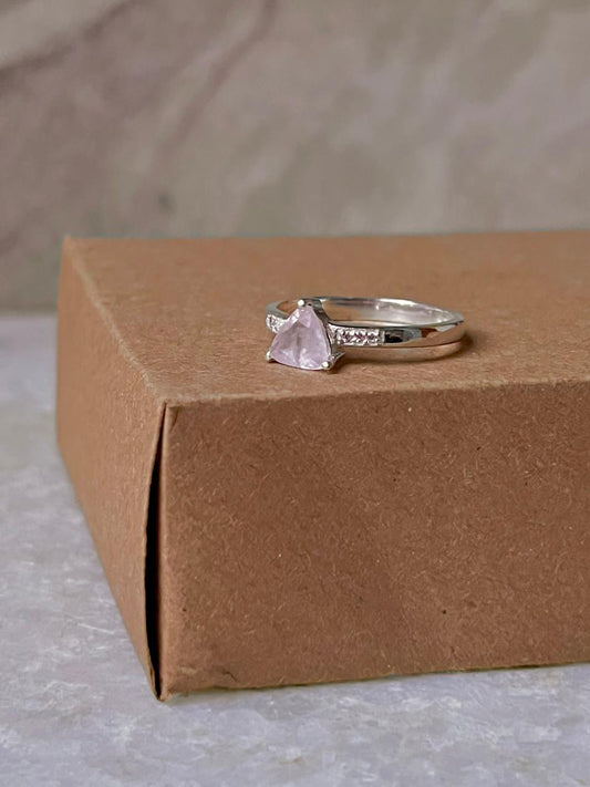 Rose Quartz Triangle & Cz Stone 925 Sterling Silver Ring