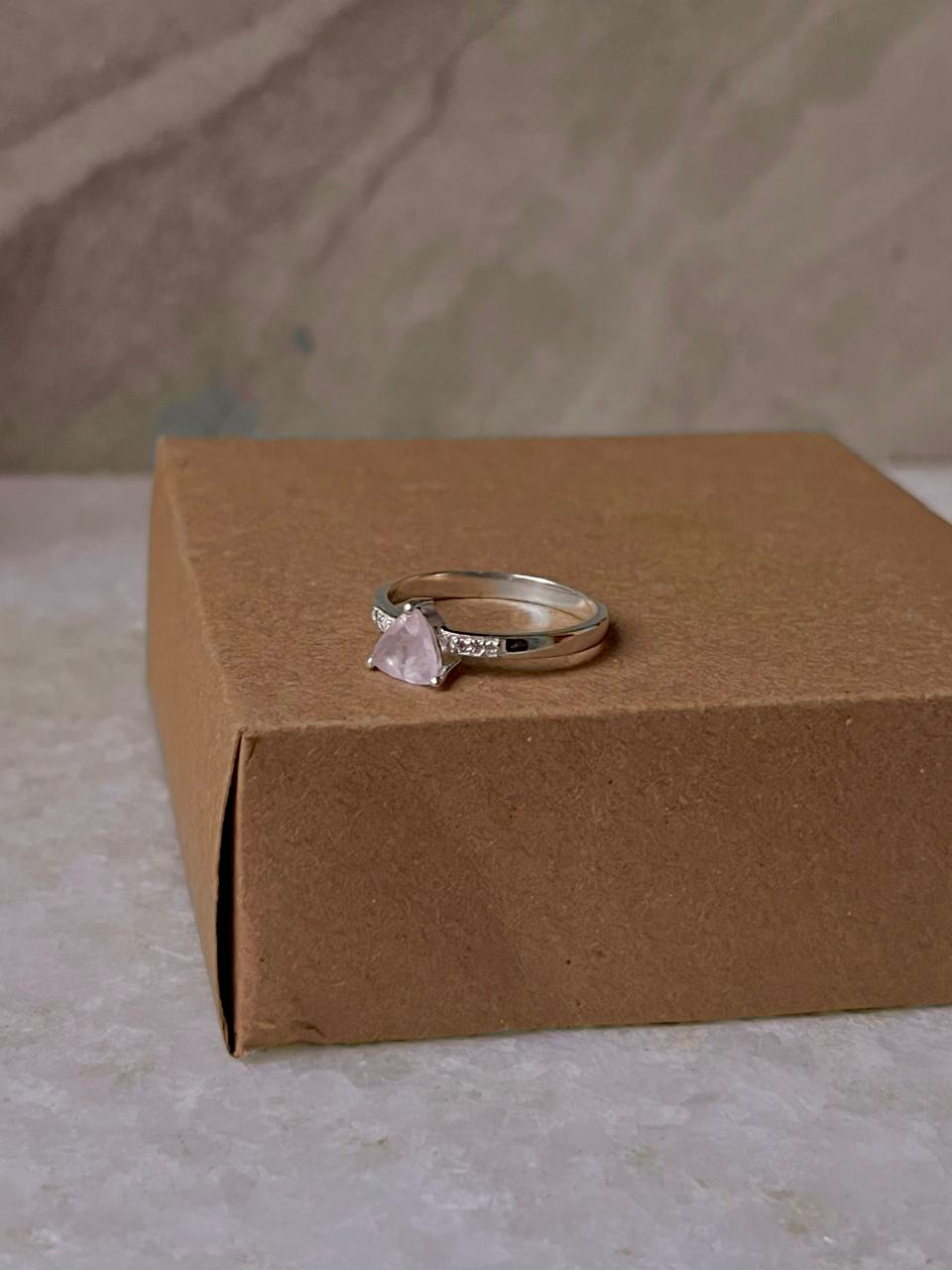 Rose Quartz Triangle & Cz Stone 925 Sterling Silver Ring