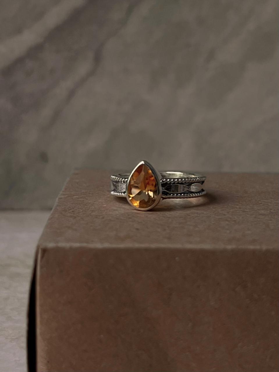 Citrine Pear Faceted Boho Tribal Engraved band 925 Sterling Silver Ring