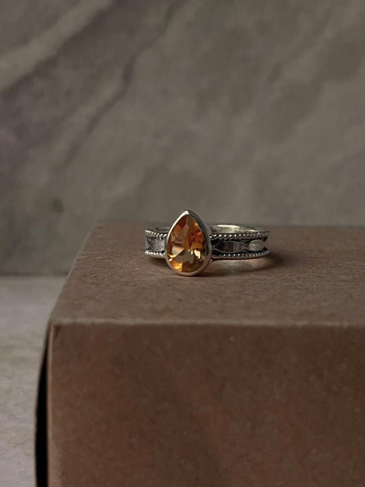 Citrine Pear Faceted Boho Tribal Engraved band 925 Sterling Silver Ring