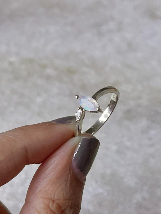 Moonstone Double Stone Marquise Cut & CZ Stone 925 Sterling Silver Ring
