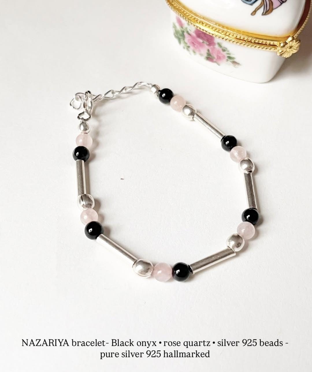 Evil Eye- Black Onyx/ Rose Quartz 4mm Crystals, & Silver Beads 925 Sterling Silver Bracelet
