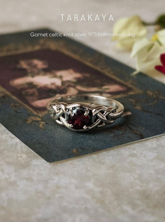 Garnet gemstone Celtic knot ring in 925 sterling silver