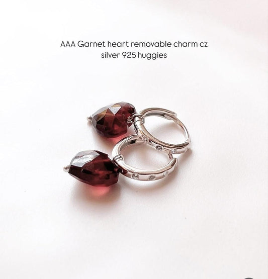 Garnet heart sparkling cz 926 Sterling silver Huggies