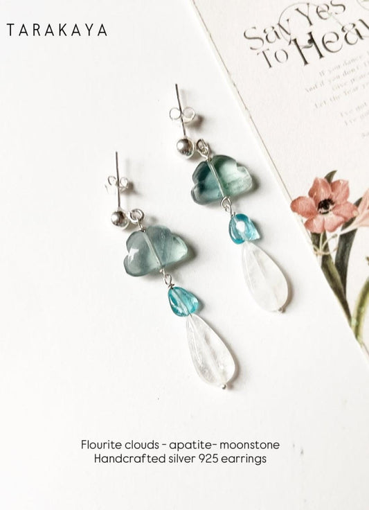 Fluorite Cloud, Apatite & Moonstone Studs 925 Sterling Silver Earrings
