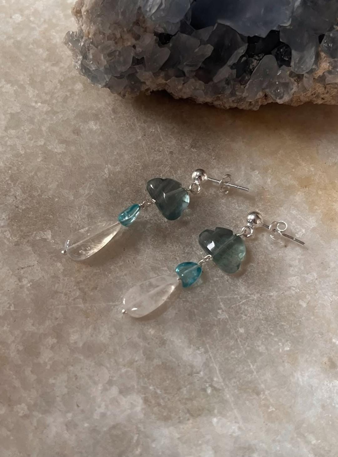 Fluorite Cloud, Apatite & Moonstone Studs 925 Sterling Silver Earrings