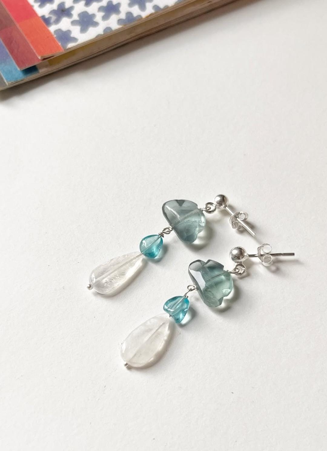 Fluorite Cloud, Apatite & Moonstone Studs 925 Sterling Silver Earrings