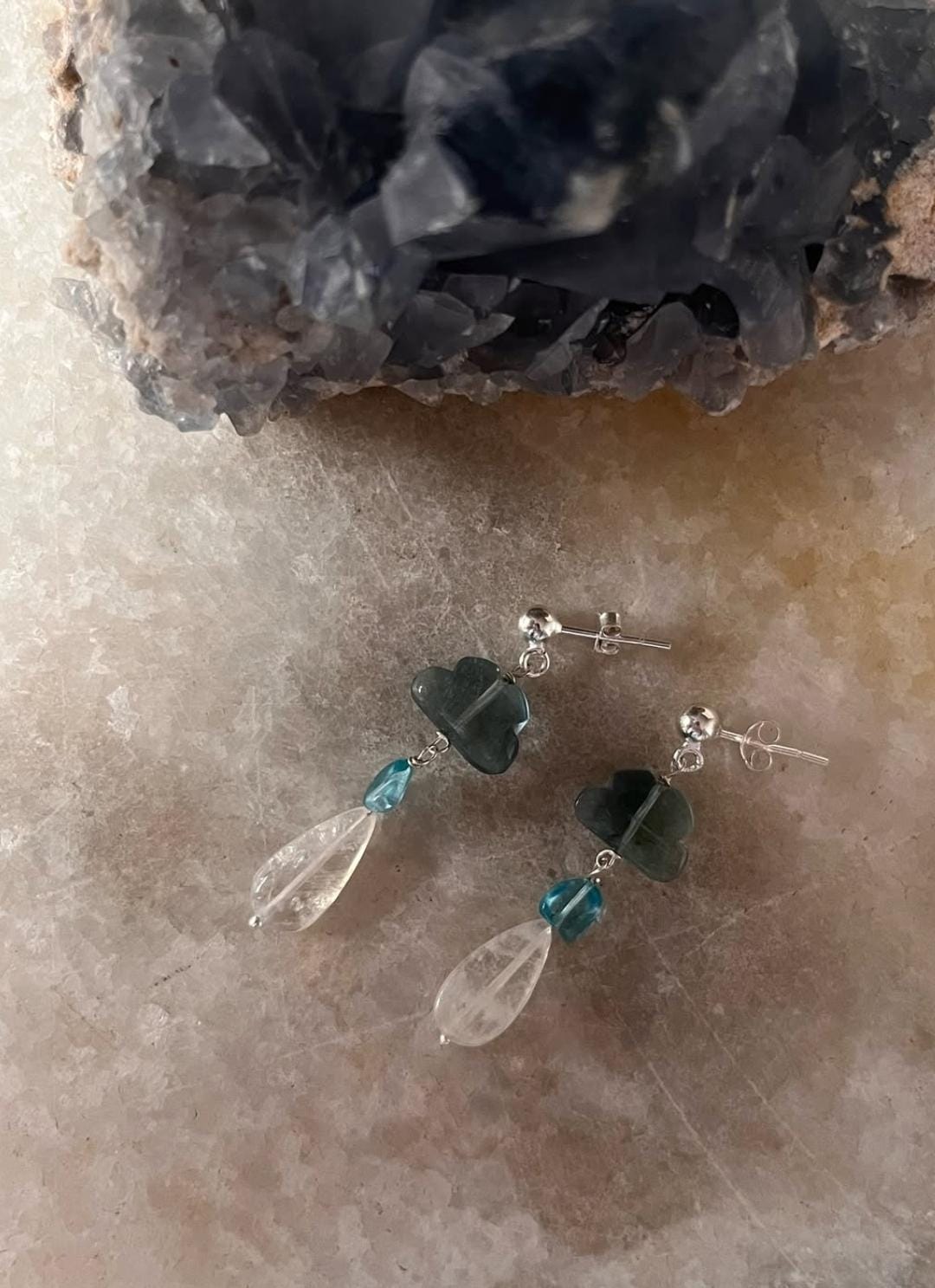 Fluorite Cloud, Apatite & Moonstone Studs 925 Sterling Silver Earrings