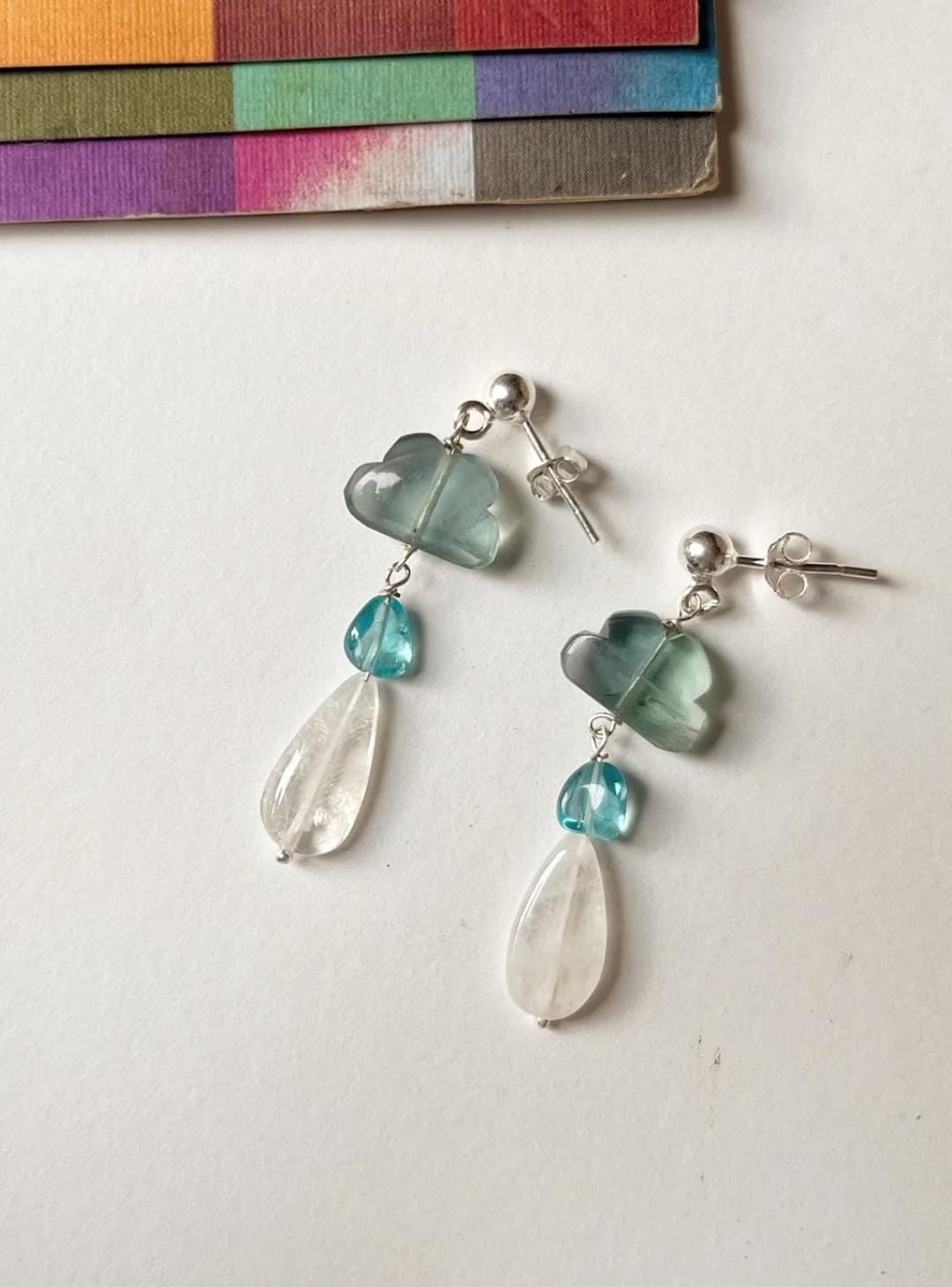 Fluorite Cloud, Apatite & Moonstone Studs 925 Sterling Silver Earrings