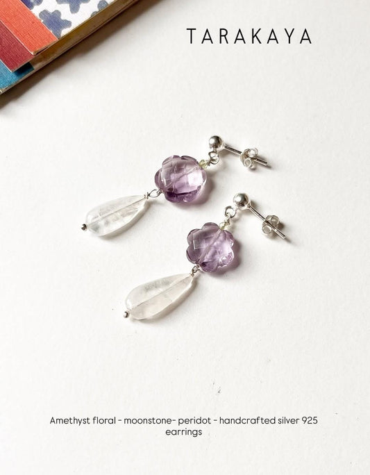 Amethyst Flower , Peridot & Moonstone Crystal 925 Sterling Silver Earrings
