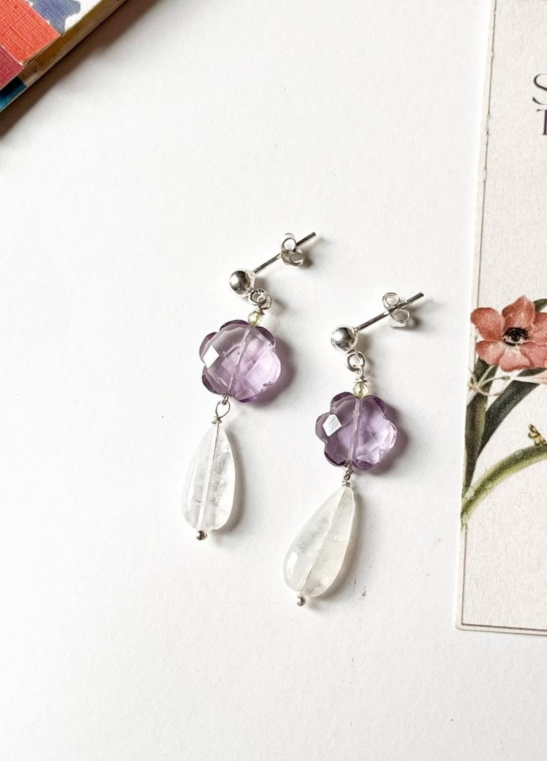 Amethyst Flower , Peridot & Moonstone Crystal 925 Sterling Silver Earrings