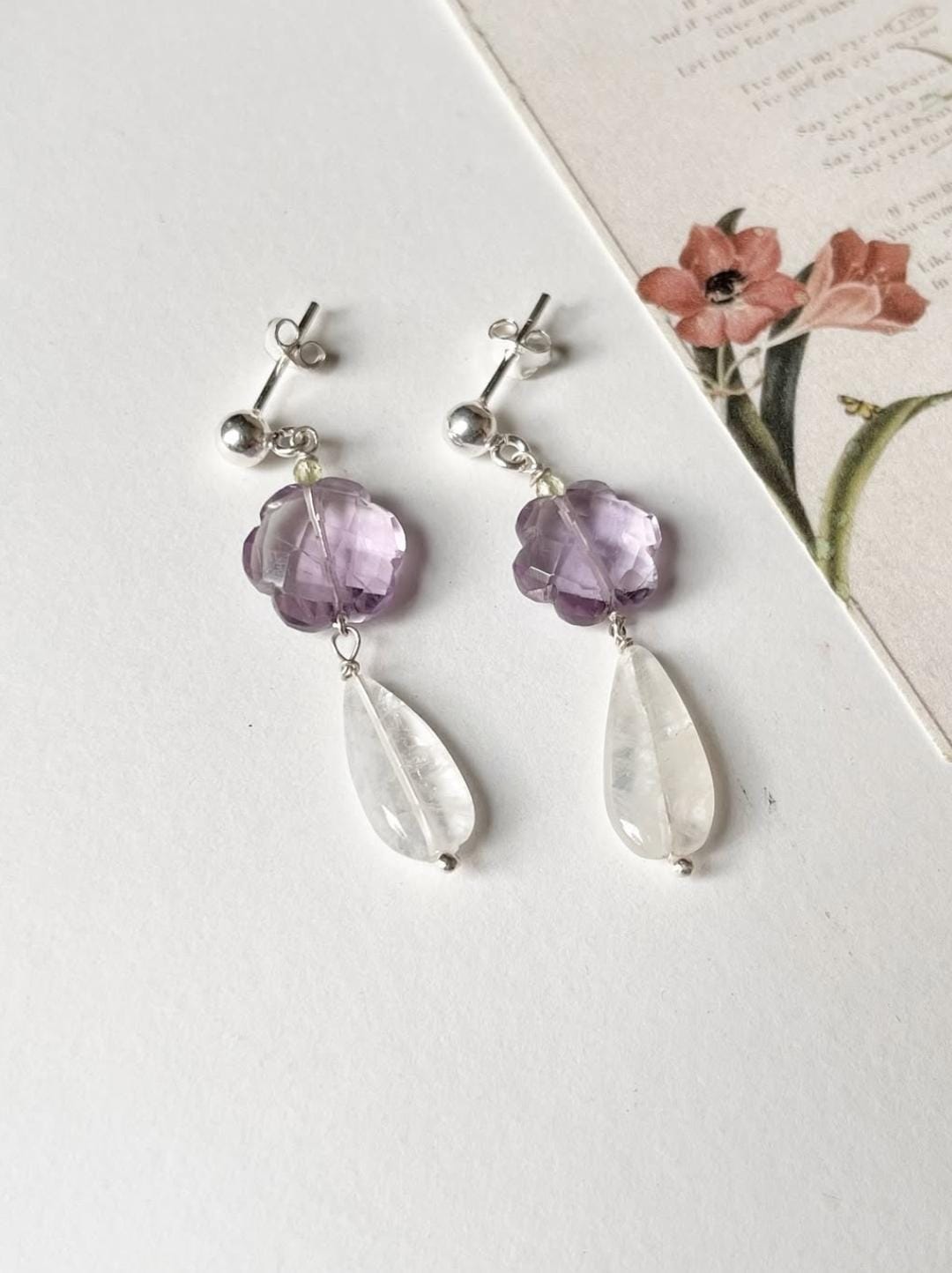 Amethyst Flower , Peridot & Moonstone Crystal 925 Sterling Silver Earrings