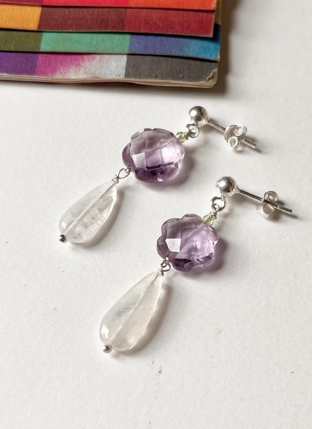 Amethyst Flower , Peridot & Moonstone Crystal 925 Sterling Silver Earrings