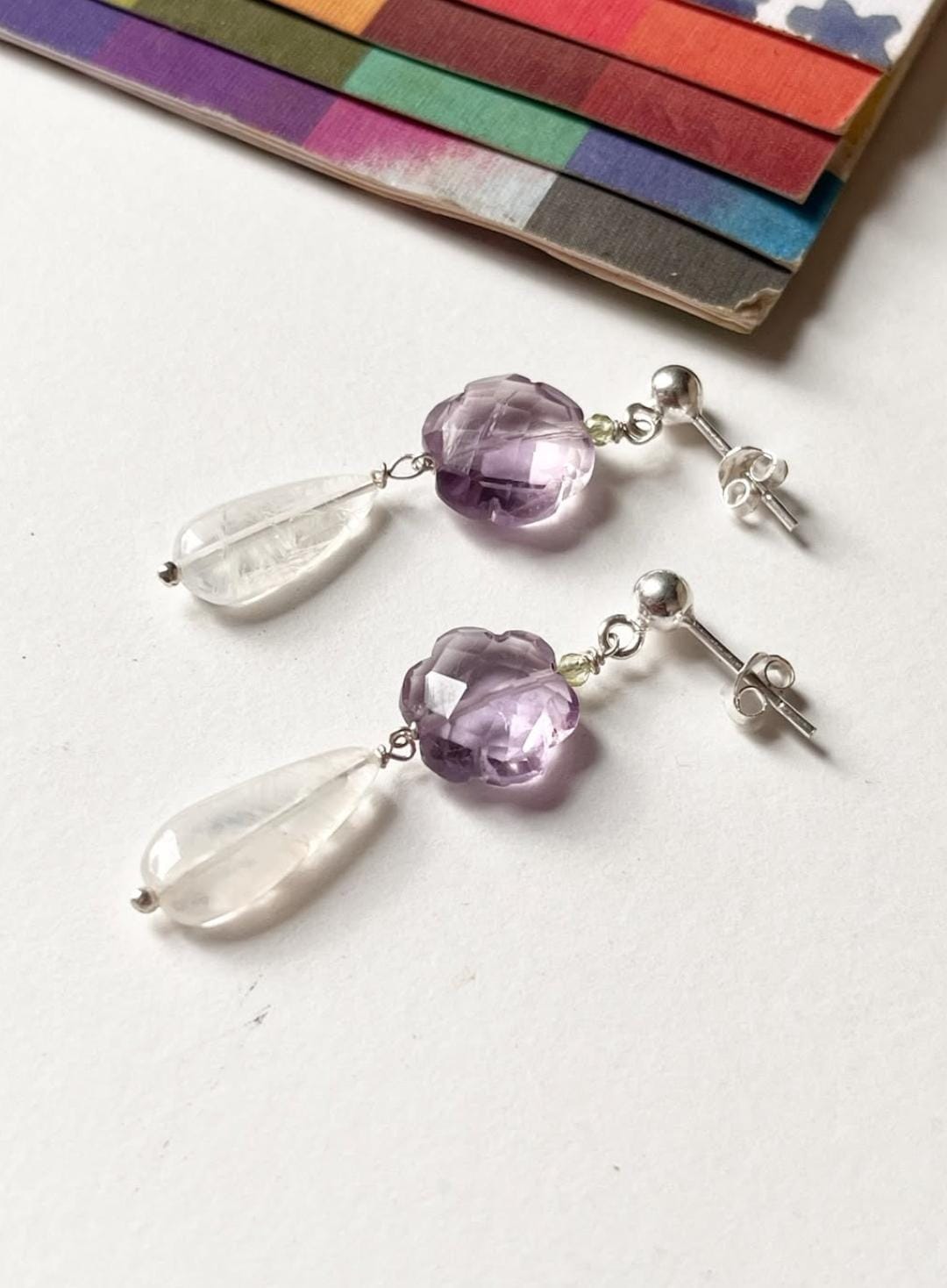 Amethyst Flower , Peridot & Moonstone Crystal 925 Sterling Silver Earrings
