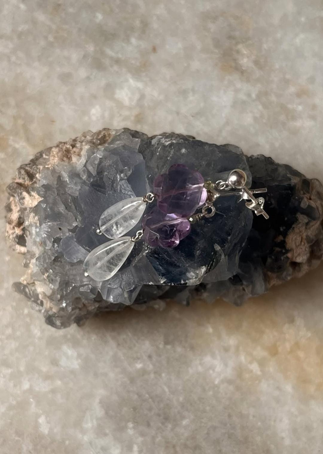 Amethyst Flower , Peridot & Moonstone Crystal 925 Sterling Silver Earrings