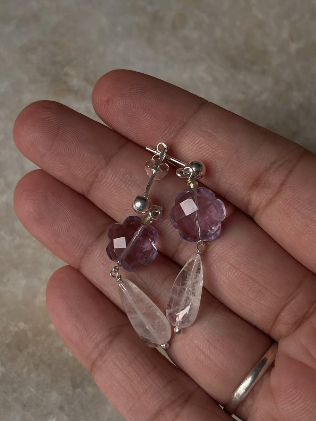Amethyst Flower , Peridot & Moonstone Crystal 925 Sterling Silver Earrings