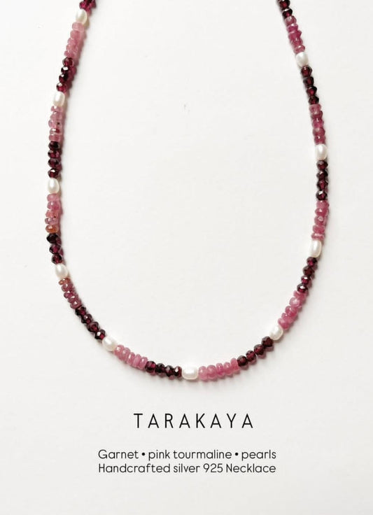 Garnet, Pink Tourmaline & Fresh Water Pearl Boho Choker Handcrafted Sterling Silver 925 Necklace