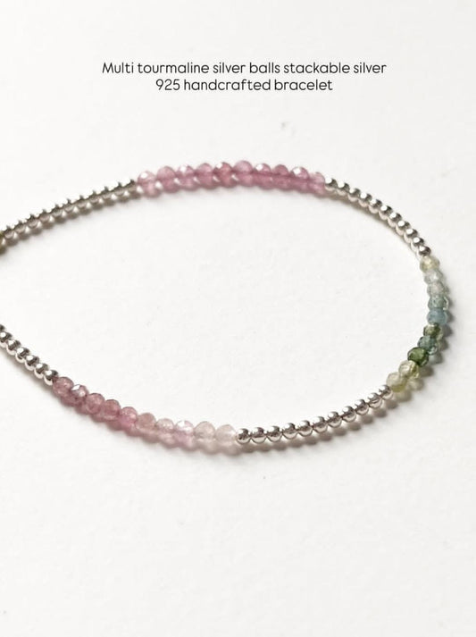 Multi Tourmaline & Silver 2mm Beads Handcrafted 925 Sterling Silver Bracelet