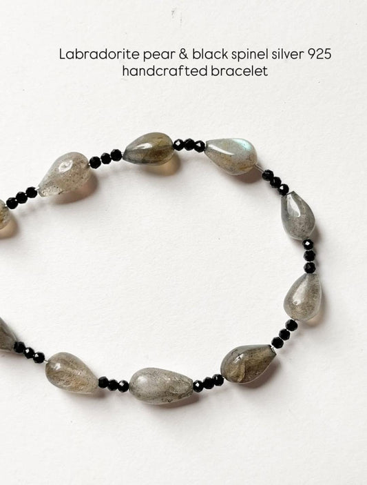 Labradorite Pear & Black Spinel 2mm Natural Crystal 925 Sterling Silver Bracelet