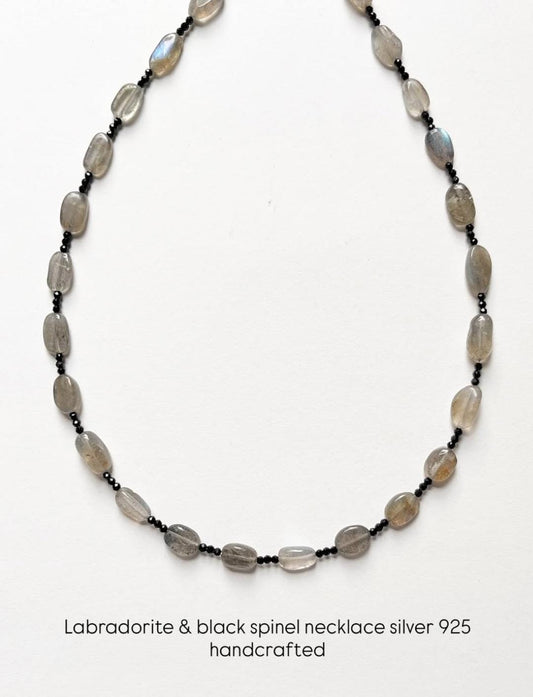 Labradorite Oval & Black Spinel 2mm Natural Crystal 925 Sterling Silver Necklace
