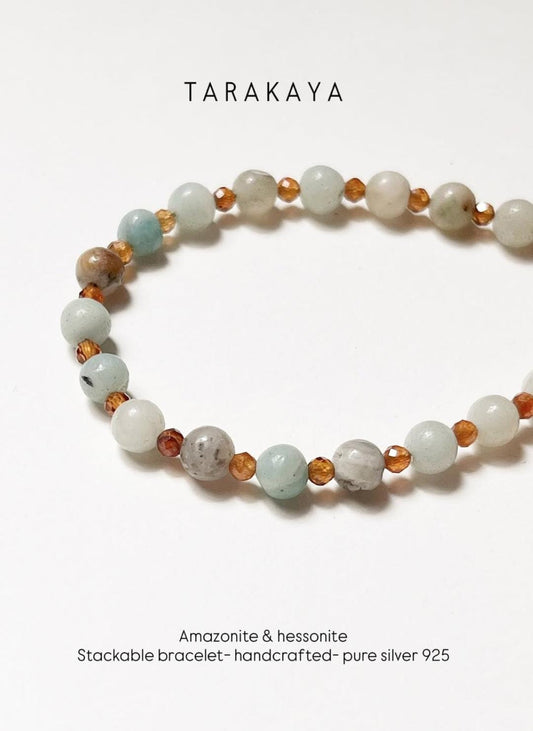 Amazonite & Hessonite Handcrafted Sterling Silver 925 Bracelet