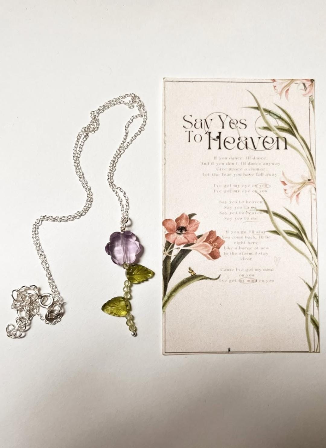 Amethyst Flower & Peridot Leaf Crystal Charm 925 Sterling Silver Necklace