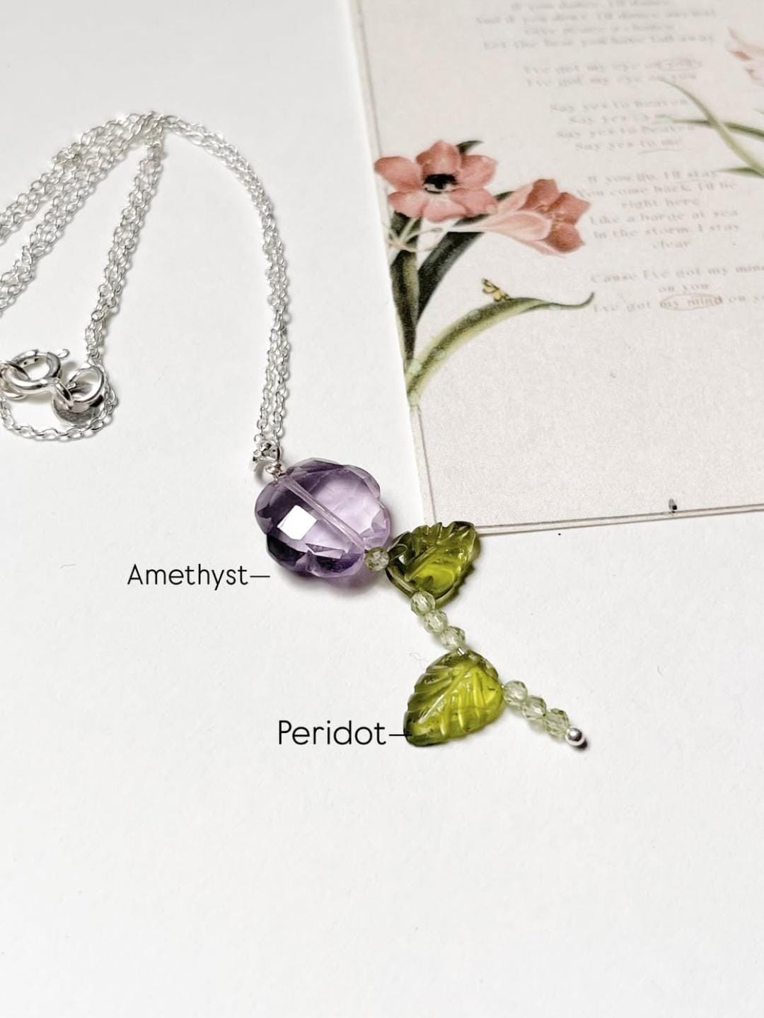 Amethyst Flower & Peridot Leaf Crystal Charm 925 Sterling Silver Necklace
