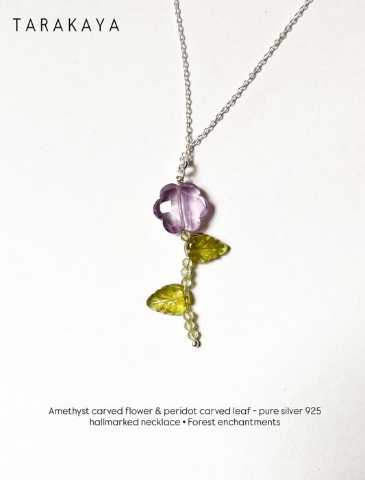 Amethyst Flower & Peridot Leaf Crystal Charm 925 Sterling Silver Necklace