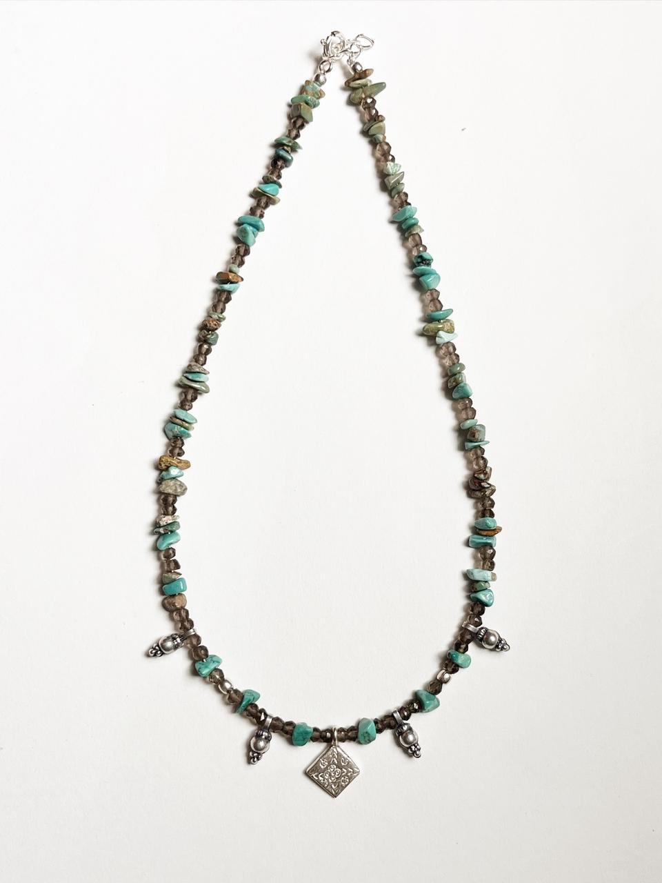 Copper Turquoise & Smokey Quartz Tribal 925 Sterling Silver Boho Choker Necklace