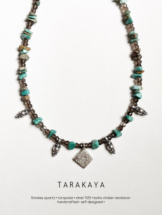 Copper Turquoise & Smokey Quartz Tribal 925 Sterling Silver Boho Choker Necklace
