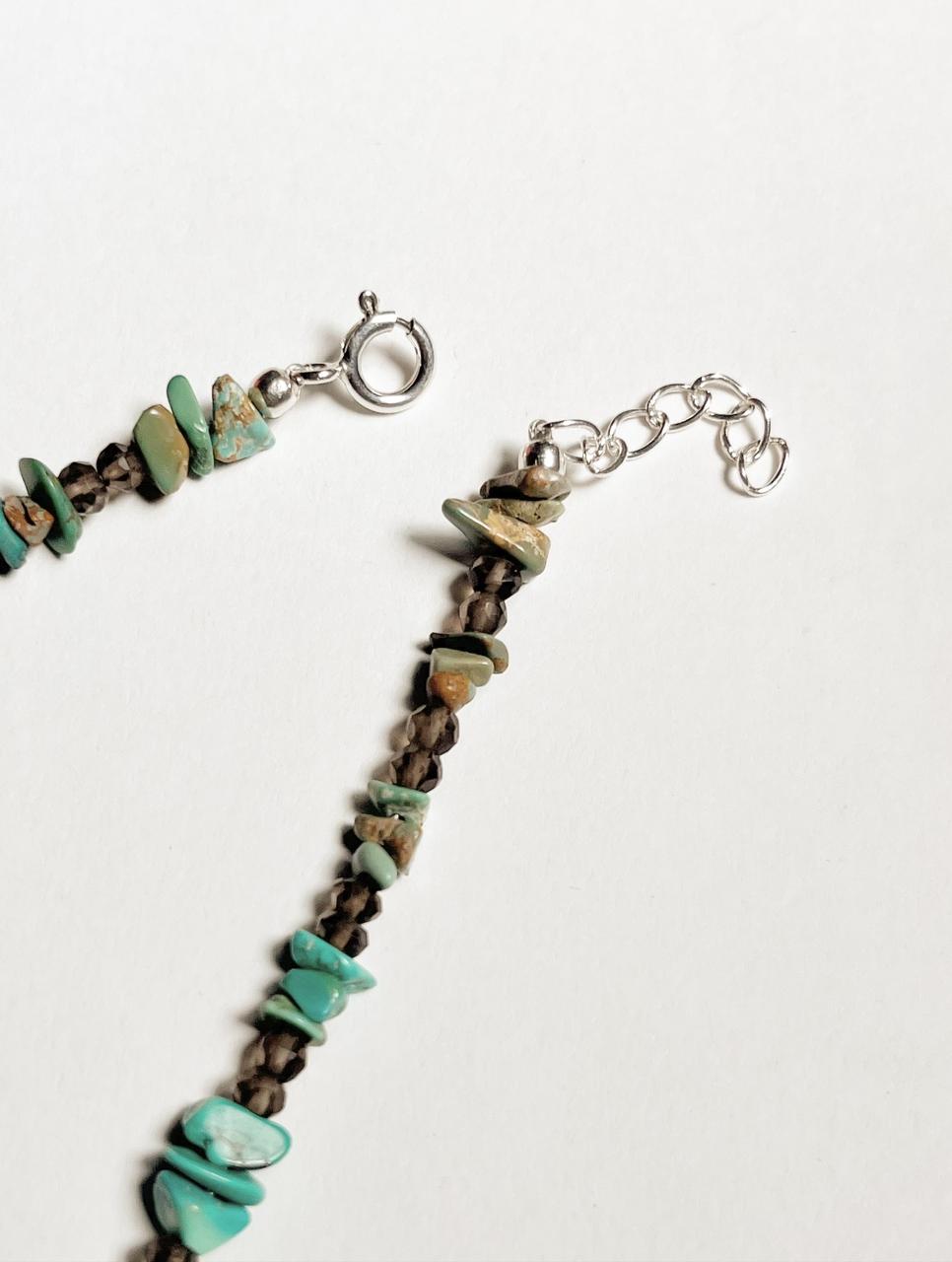 Copper Turquoise & Smokey Quartz Tribal 925 Sterling Silver Boho Choker Necklace