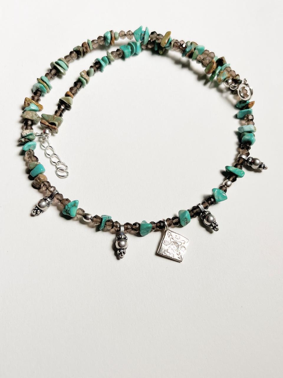 Copper Turquoise & Smokey Quartz Tribal 925 Sterling Silver Boho Choker Necklace
