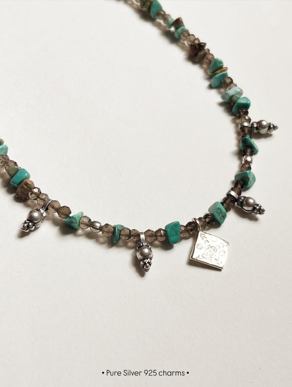 Copper Turquoise & Smokey Quartz Tribal 925 Sterling Silver Boho Choker Necklace