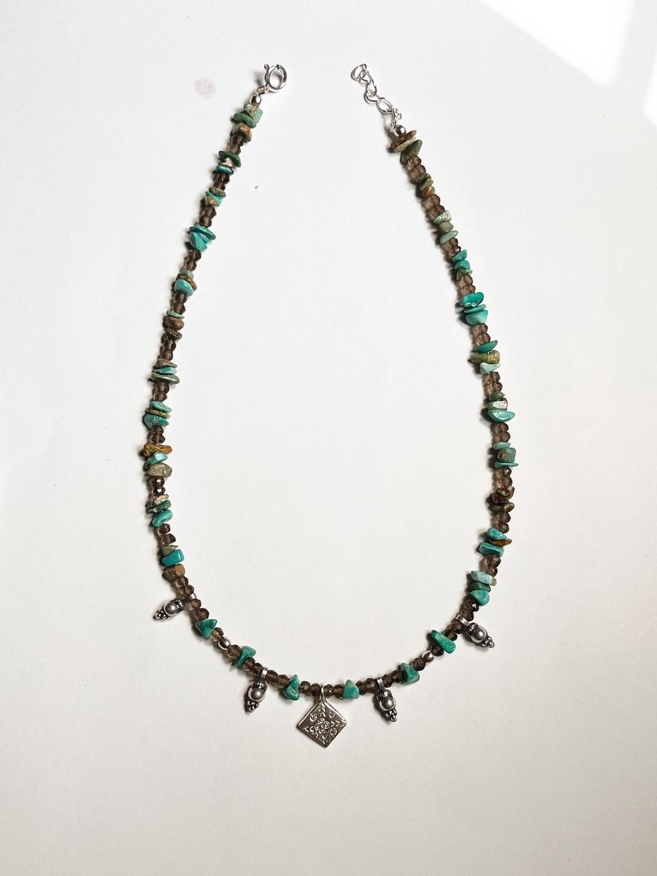Copper Turquoise & Smokey Quartz Tribal 925 Sterling Silver Boho Choker Necklace
