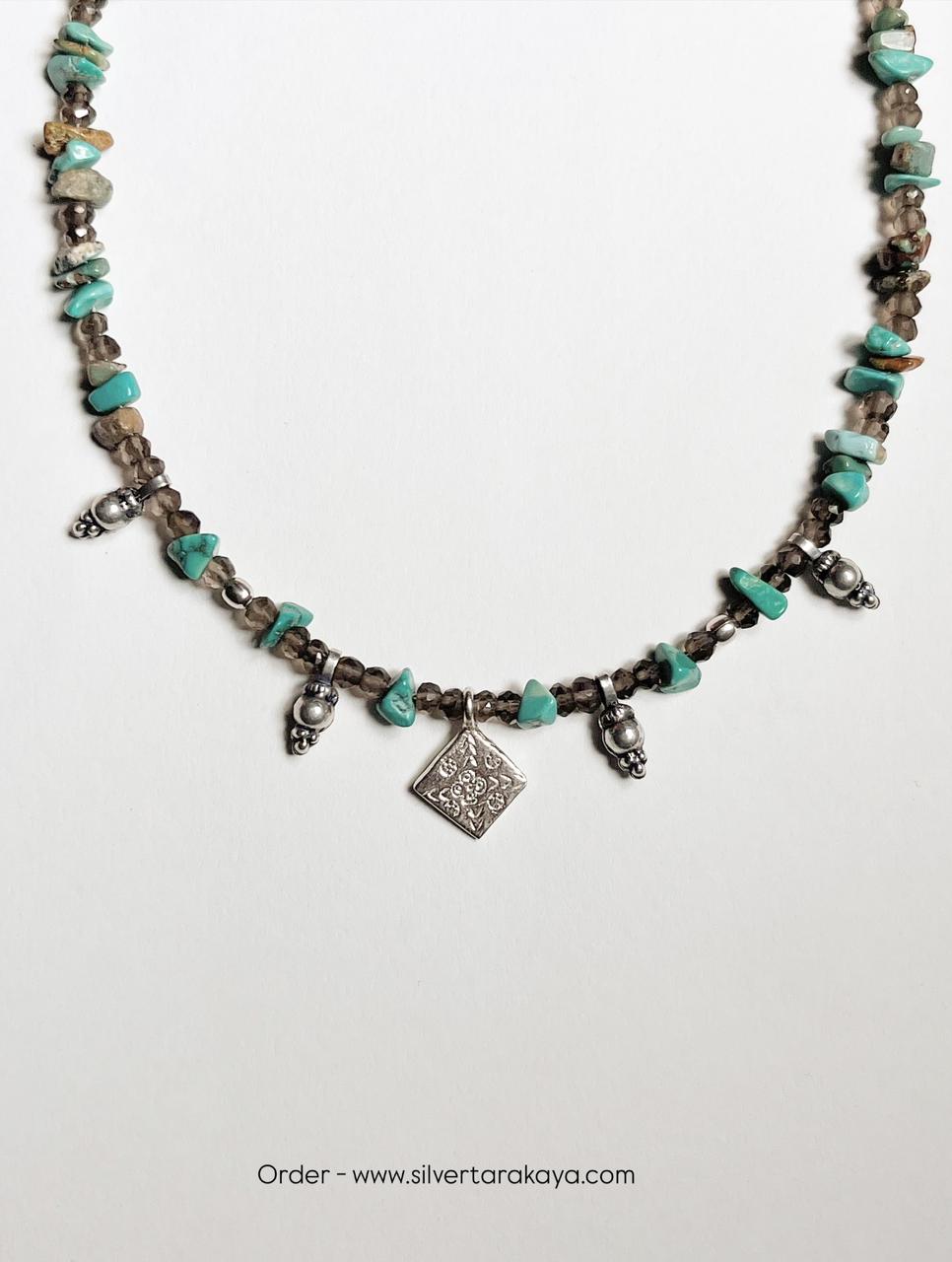 Copper Turquoise & Smokey Quartz Tribal 925 Sterling Silver Boho Choker Necklace