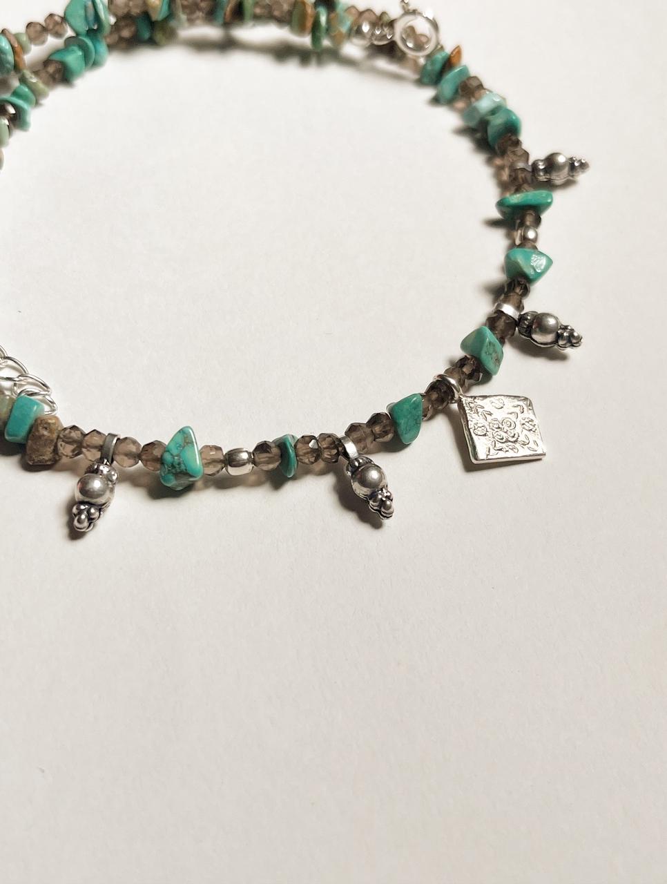 Copper Turquoise & Smokey Quartz Tribal 925 Sterling Silver Boho Choker Necklace