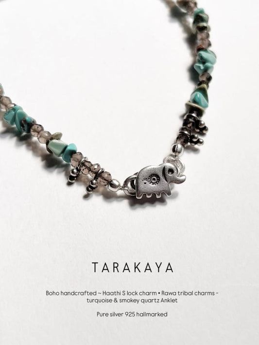 Boho Hathi S Lock Rawa Tribal Natural Turquoise & Smokey Quartz Crystal 925 Sterling Silver Anklet