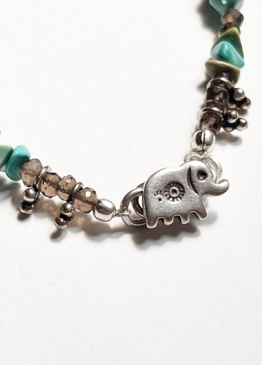 Boho Hathi S Lock Rawa Tribal Natural Turquoise & Smokey Quartz Crystal 925 Sterling Silver Anklet