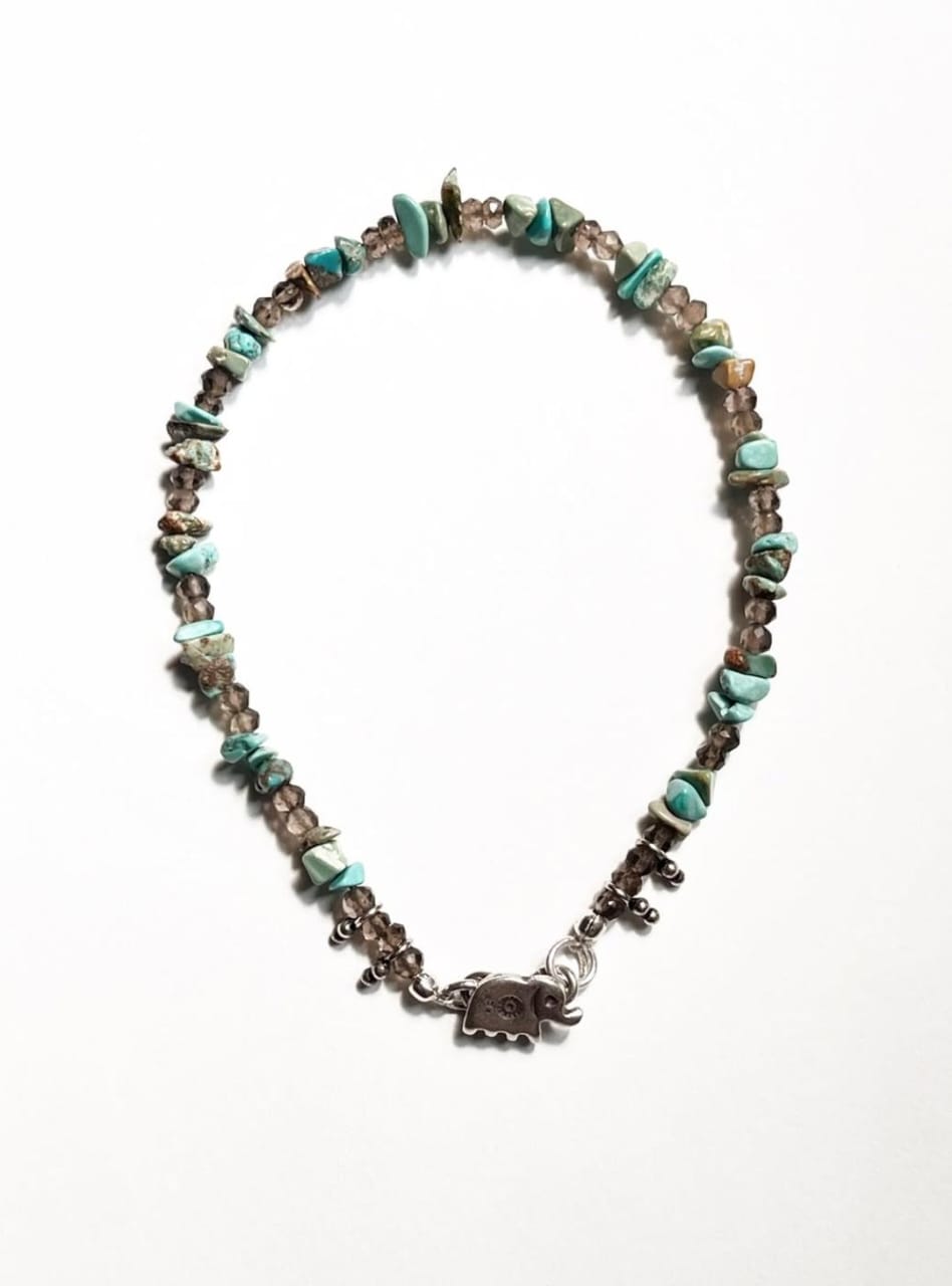 Boho Hathi S Lock Rawa Tribal Natural Turquoise & Smokey Quartz Crystal 925 Sterling Silver Anklet