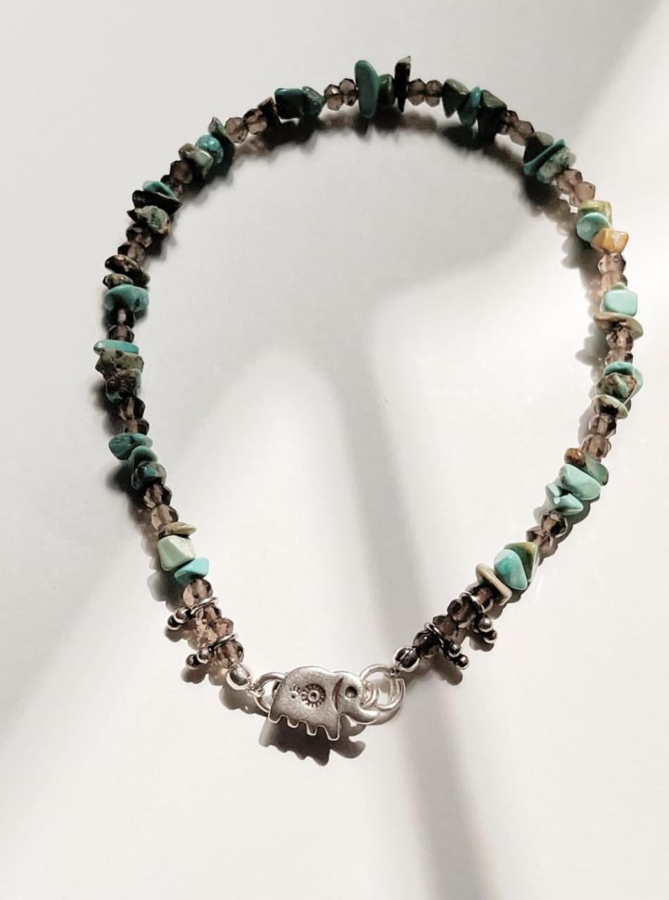 Boho Hathi S Lock Rawa Tribal Natural Turquoise & Smokey Quartz Crystal 925 Sterling Silver Anklet