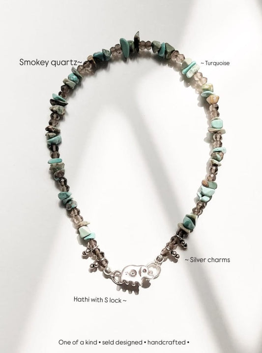 Boho Hathi S Lock Rawa Tribal Turquoise & Smokey Quartz Silver Anklet  