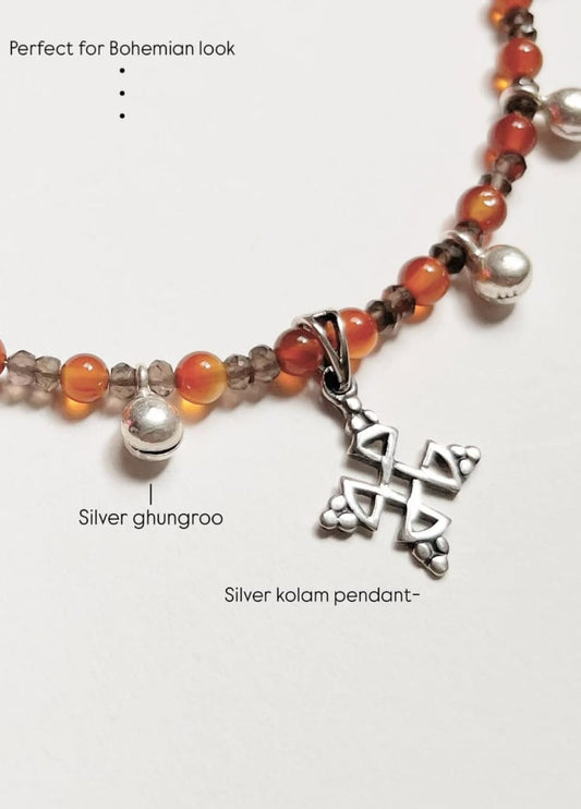 Carnelian & Smokey Quartz Tribal Kolam Ghungroo Choker Handcrafted Sterling Silver 925 Necklace