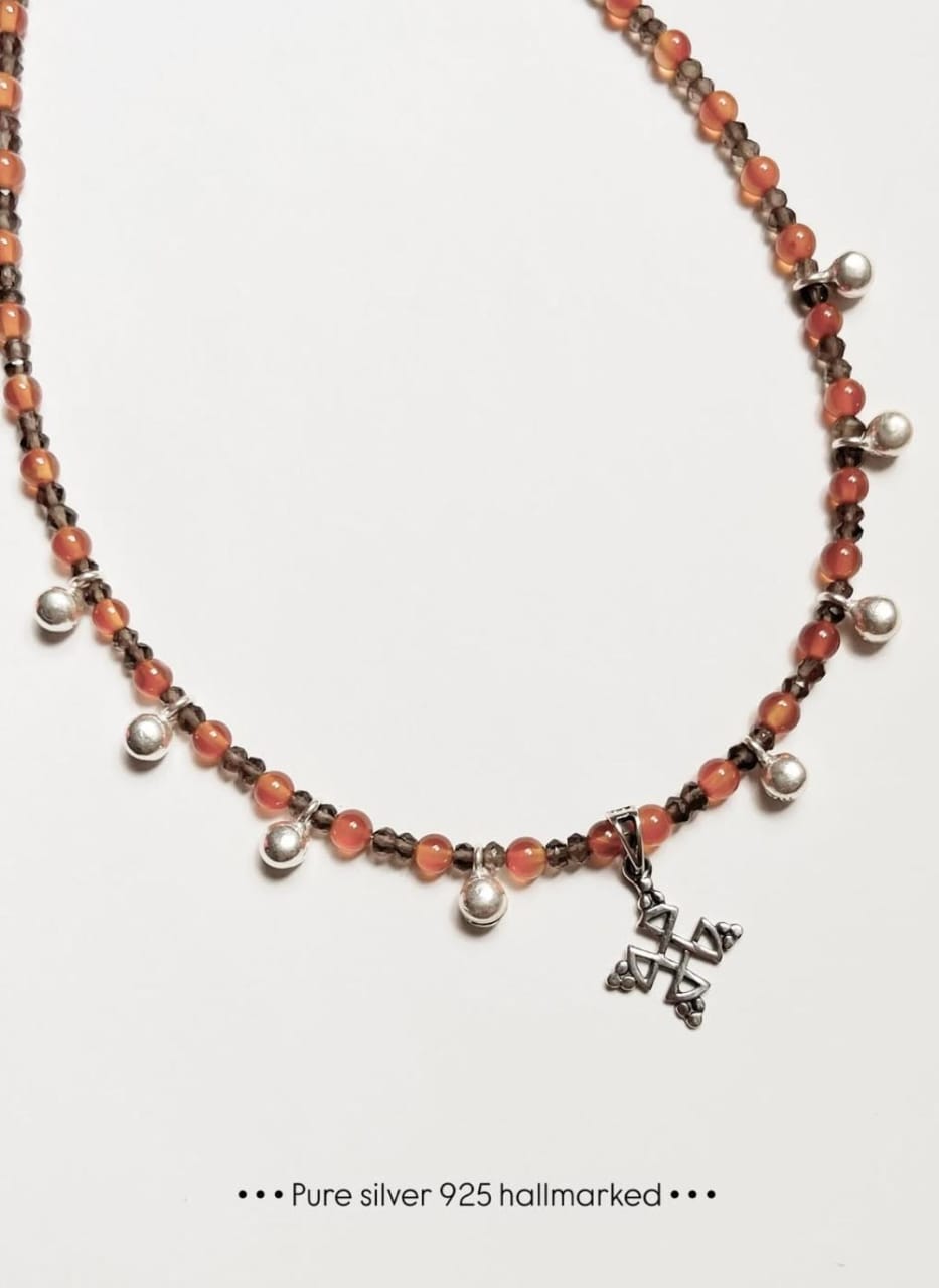 Carnelian & Smokey Quartz Tribal Kolam Ghungroo Choker Handcrafted Sterling Silver 925 Necklace