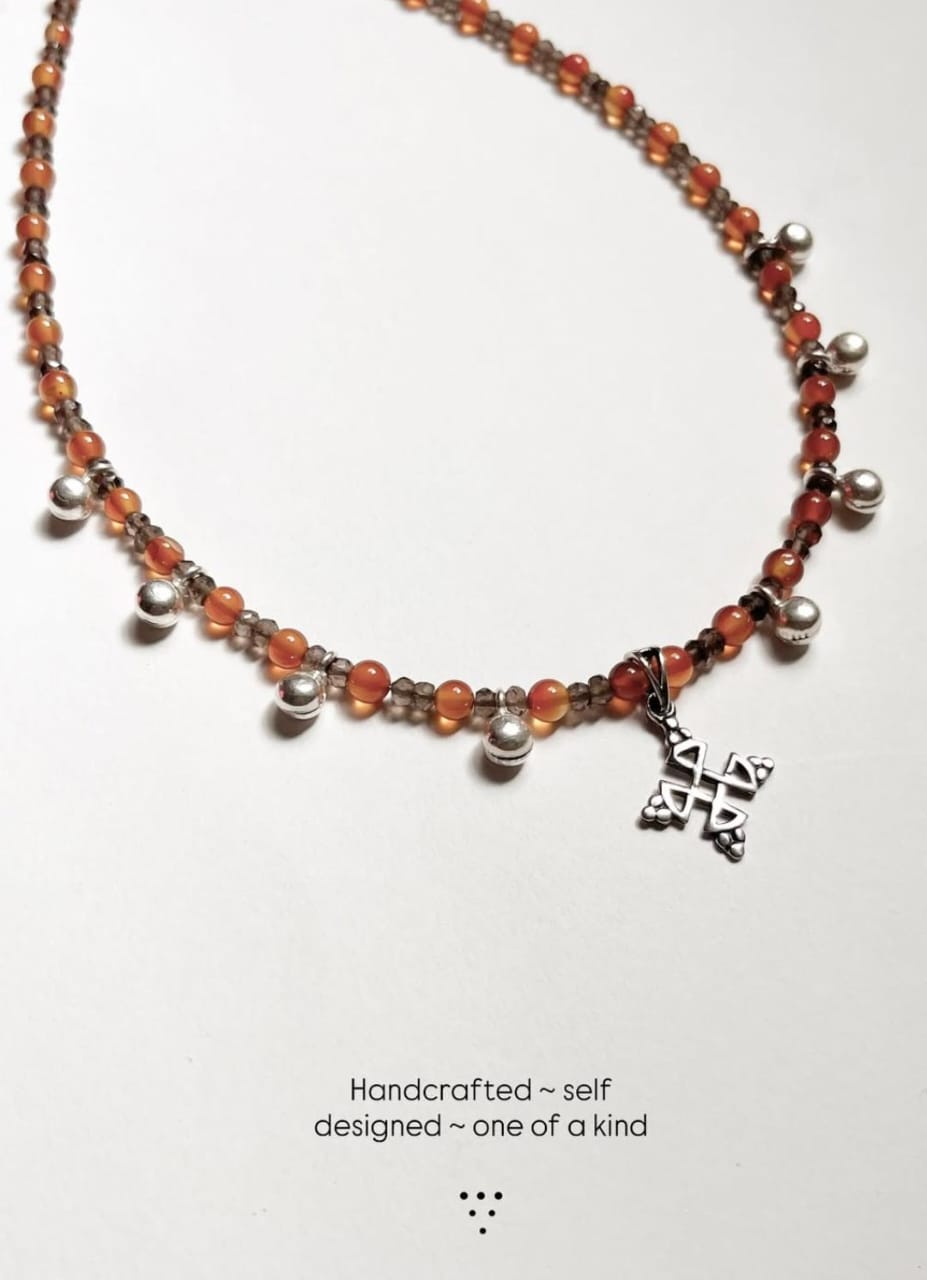 Carnelian & Smokey Quartz Tribal Kolam Ghungroo Choker Handcrafted Sterling Silver 925 Necklace