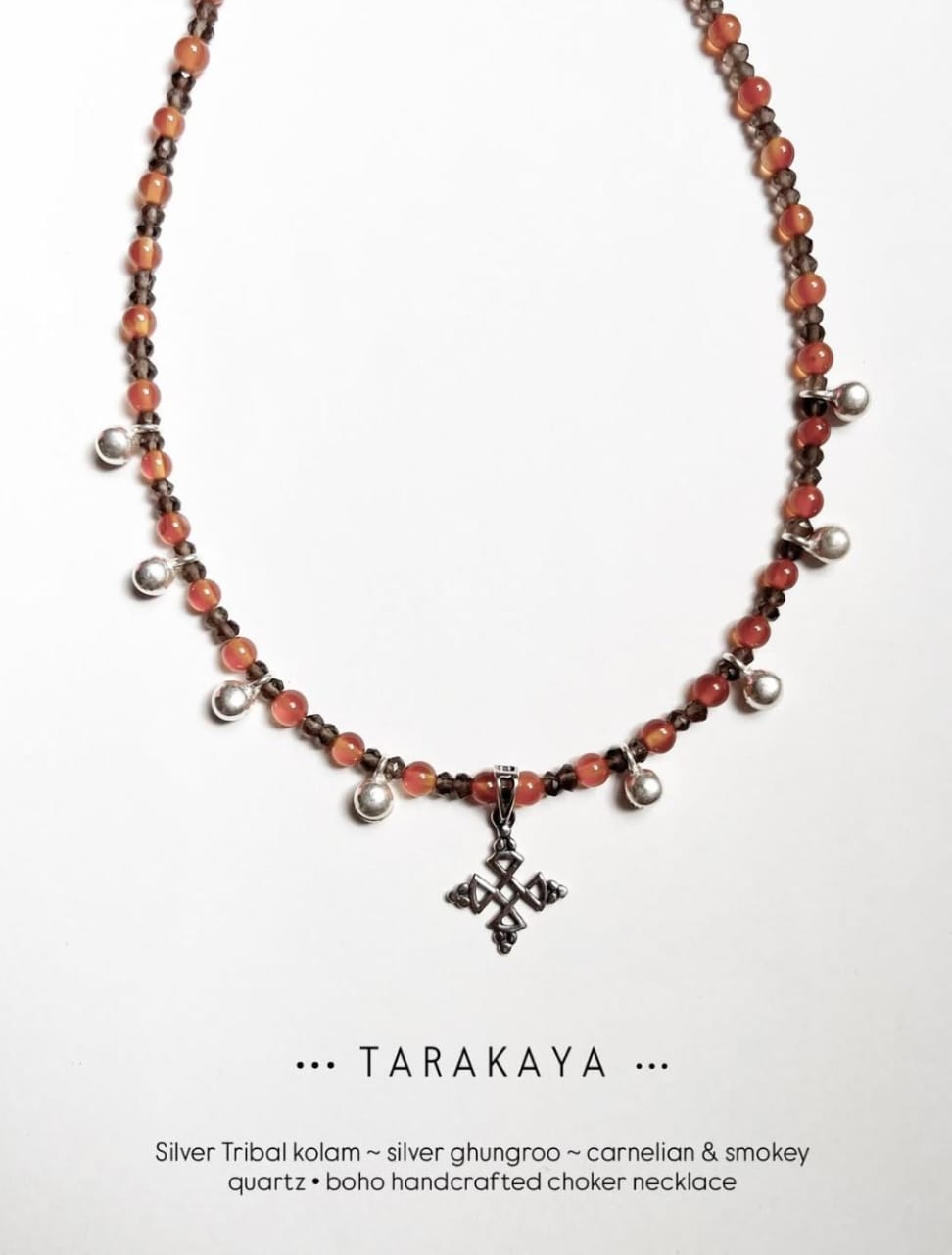 Carnelian & Smokey Quartz Tribal Kolam Ghungroo Choker Handcrafted Sterling Silver 925 Necklace
