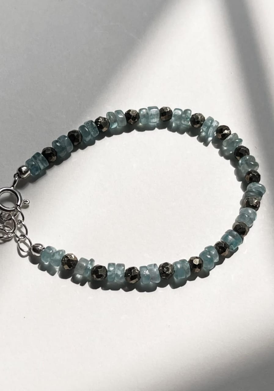 Blue Apatite & Pyrite 925 Sterling Silver Bracelet
